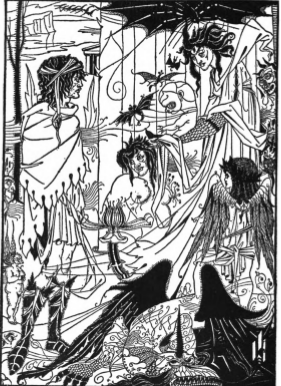 On the right as you enter the city stands the temple of
Night, which deity divides with the Rooster their chief allegiance; the temple of the latter is close to the port. On the left is the palace of Sleep. He is the governor, with two lieutenants, Nightmare, son of Whimsy, and Flittergold, son of Fantasy. A well in the middle of the market-place goes by the name of Heavyhead; beside which are the temples of Deceit and Truth. In the market also is the shrine in which oracles are given, the priest and prophet, by special appointment from Sleep, being Antiphon the dream-interpreter.