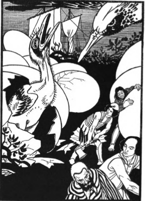 The halcyon was brooding, not much smaller herself than the nest. She got up, and very nearly capsized us with the fanning of her wings; however, she went off with a melancholy cry. When it was getting light, we got on to the nest, and found on examination that it was composed like a vast raft of large trees. There were five hundred eggs, larger in girth than a tun of Chian. We could make out the chicks inside and hear them croaking; we hewed open one egg with hatchets, and dug out an unfledged chick bulkier than twenty vultures.