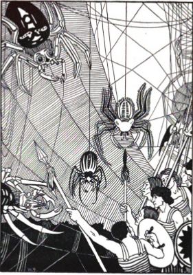 The Salad-wings held the left, and in the centre were the various allies. The infantry were in round numbers 60,000,000; they were enabled to fall in thus: there are in the Moon great numbers of gigantic spiders, considerably larger than an average Aegean island; these were instructed to stretch webs across from the Moon to Lucifer; as soon as the work was done, the King drew up his infantry on this artificial plain, entrusting the command to Nightbat, son of Fairweather, with two lieutenants.