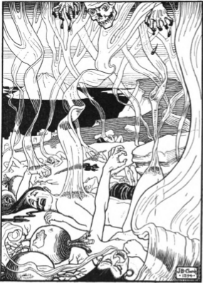 On their right was about an equal force of Sky-gnats —
archers mounted on great gnats; and next them the Sky-pirouetters, light-armed infantry only, but of some military value; they slung monstrous radishes at long range, a wound from which was almost immediately fatal, turning to gangrene at once; they were supposed to anoint their missiles with mallow juice. Next came the Stalk-fungi, 10,000 heavy-armed troops for close quarters; the explanation of their name is that their shields are mushrooms, and their spears asparagus stalks.